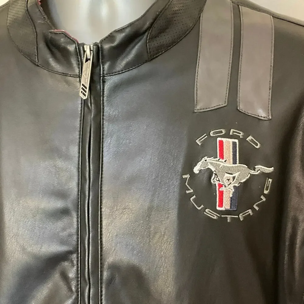 Ford Mustang Faux Leather Jacket Men’s XL Black Full Zip Embroidered Moto Coat
